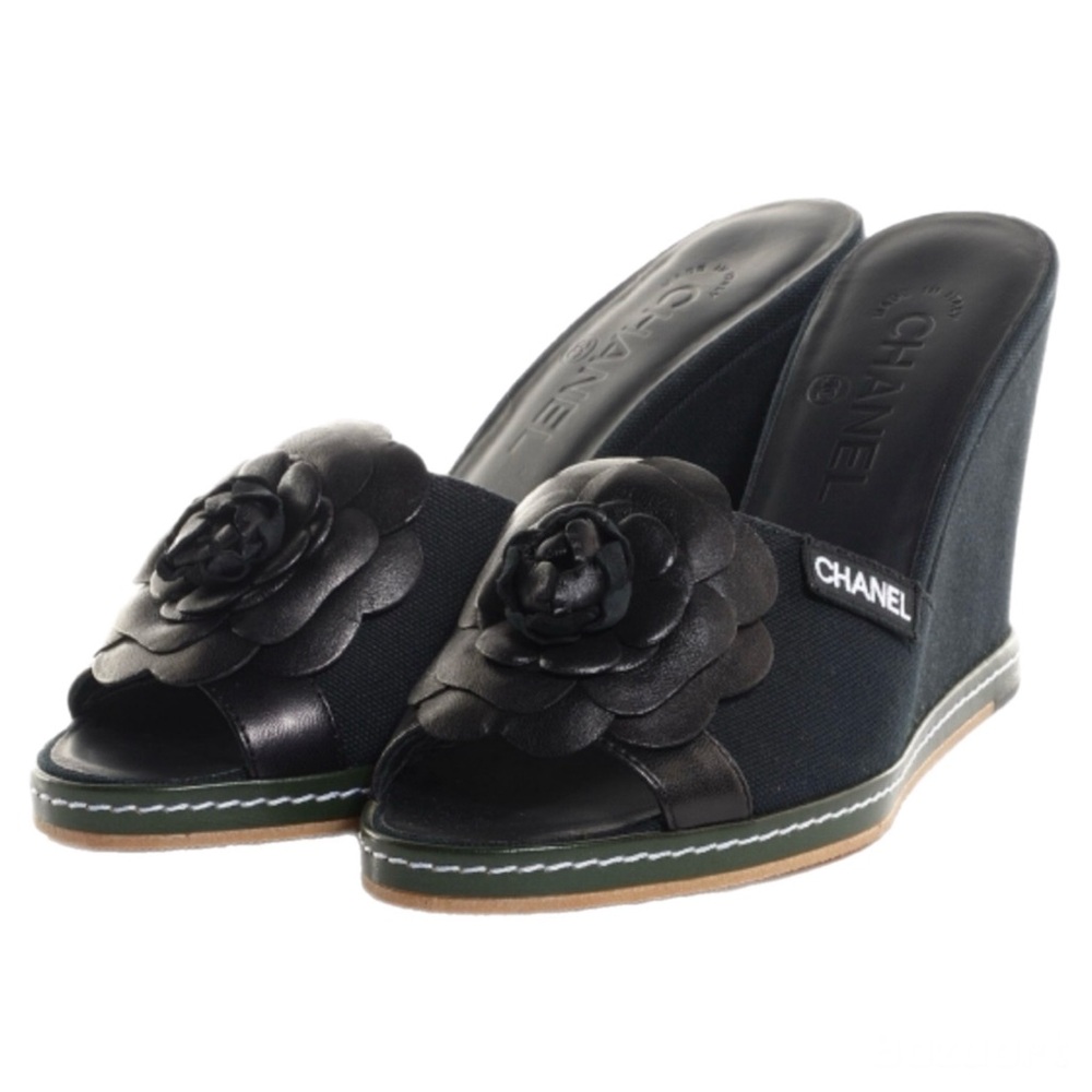 💗CHANEL Canvas Leather Camellia Slide On Platform Wedge Sandals • BLACK • 36.5EU - Picture 2 of 12
